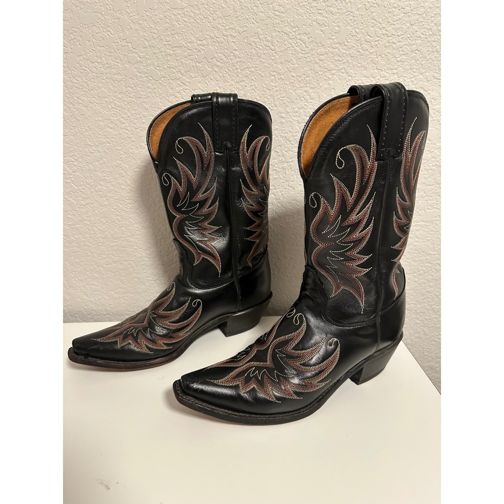 Vintage Tony Lama Black Leather Cowboy Boots Multi Flame Stitch Snip Toe 7B